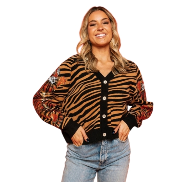 QUEEN OF SPARKLES Sweaters - Queen of Sparkles Tiger Stripe Cardigan Sequin Tigers Black Camel Medium